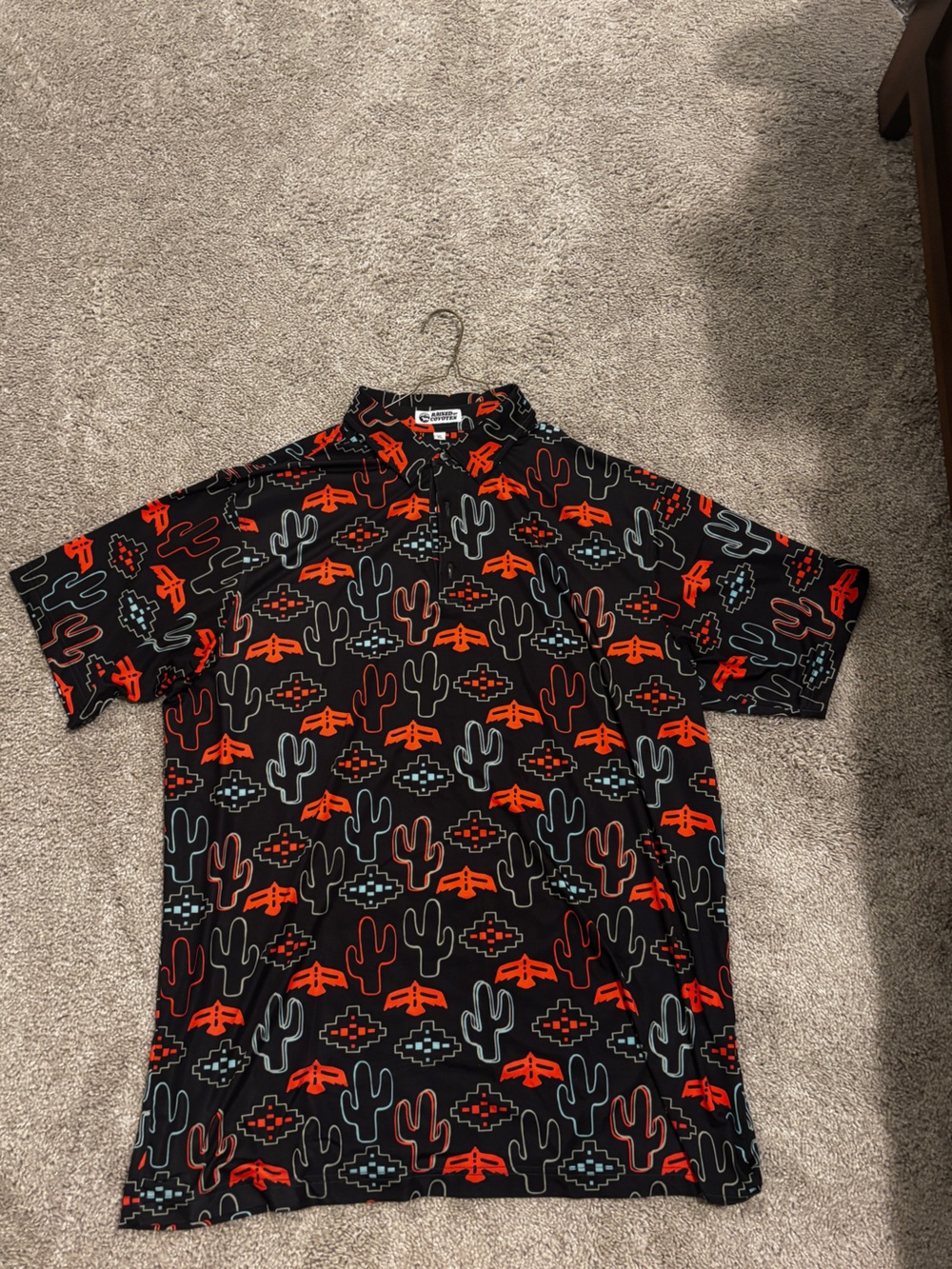 Short Sleeve Black Cactus Print Shirt with Orange Accents